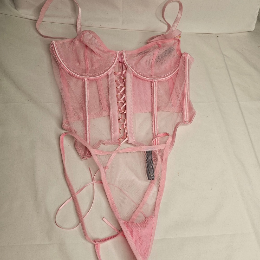 Body Rage Pink Sheer Mesh Corset Bustier and Thong Lingerie Set Small NEW
